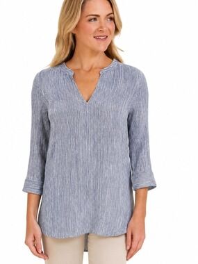 French Dressing Jeans Blue White Stripe Tunic Blouse Size 6